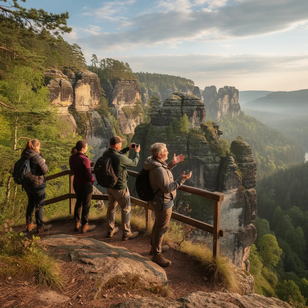 Turisté obdivující architekturu starého náměstí s pamětihodnostmi a místními trhy.